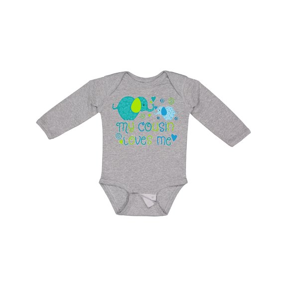 Inktastic My Cousin Loves Me- cute elephants Boys or Girls Long Sleeve Baby Bodysuit