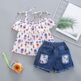 thumbnail image 2 of Heiheiup Toddler Girls Off Shoulder Ruffles Cartoon Prints T Shirt Tops Denim Shorts Outfits, 2 of 6