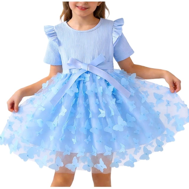 Vestido de Verano de Manga Corta Cuello Redondo Encaje Bordado Malla Princesa Arco Falda para Niñas