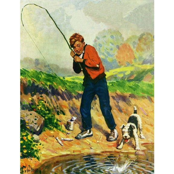 Marmont Hill - "Boy Fishes" Painting Print on Wrapped Canvas