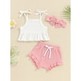 thumbnail image 2 of Bslissey Baby Girls 3Pcs Summer Outfits Solid Color Sleeveless Ruffled Camisole Tops + Elastic Waist Shorts + Headband 6M 12M 18M 24M Infant Toddler Cute Shorts Sets, 2 of 8