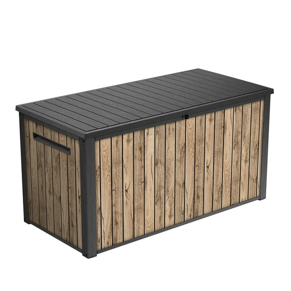 Keter Signature 170 Gallon Durable Resin Outdoor Deck Box Storage Organization, Pine