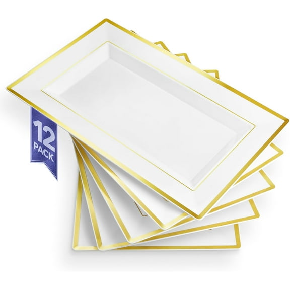 (12 Pcs) Premium White and Gold Plastic Serving Tray, Plastic Serving Platter Disposable, White Rectangle Party Trays and Platters for Fruit, Dessert, Cookies, Appetizers, Holiday Parties