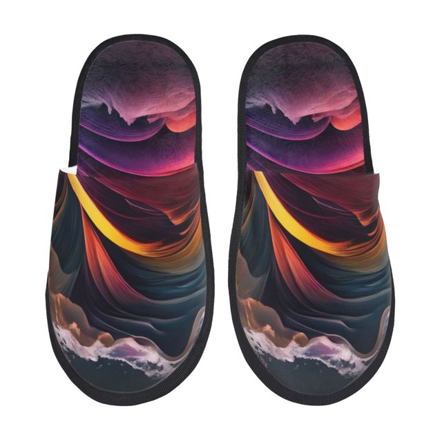 Balery Colorful Abstract Wave Motion Pantuflas de Casa de Felpa Silenciosas con Diseño Estampado, Zapatillas Cómodas Antideslizantes de Algodón para Interior-Large