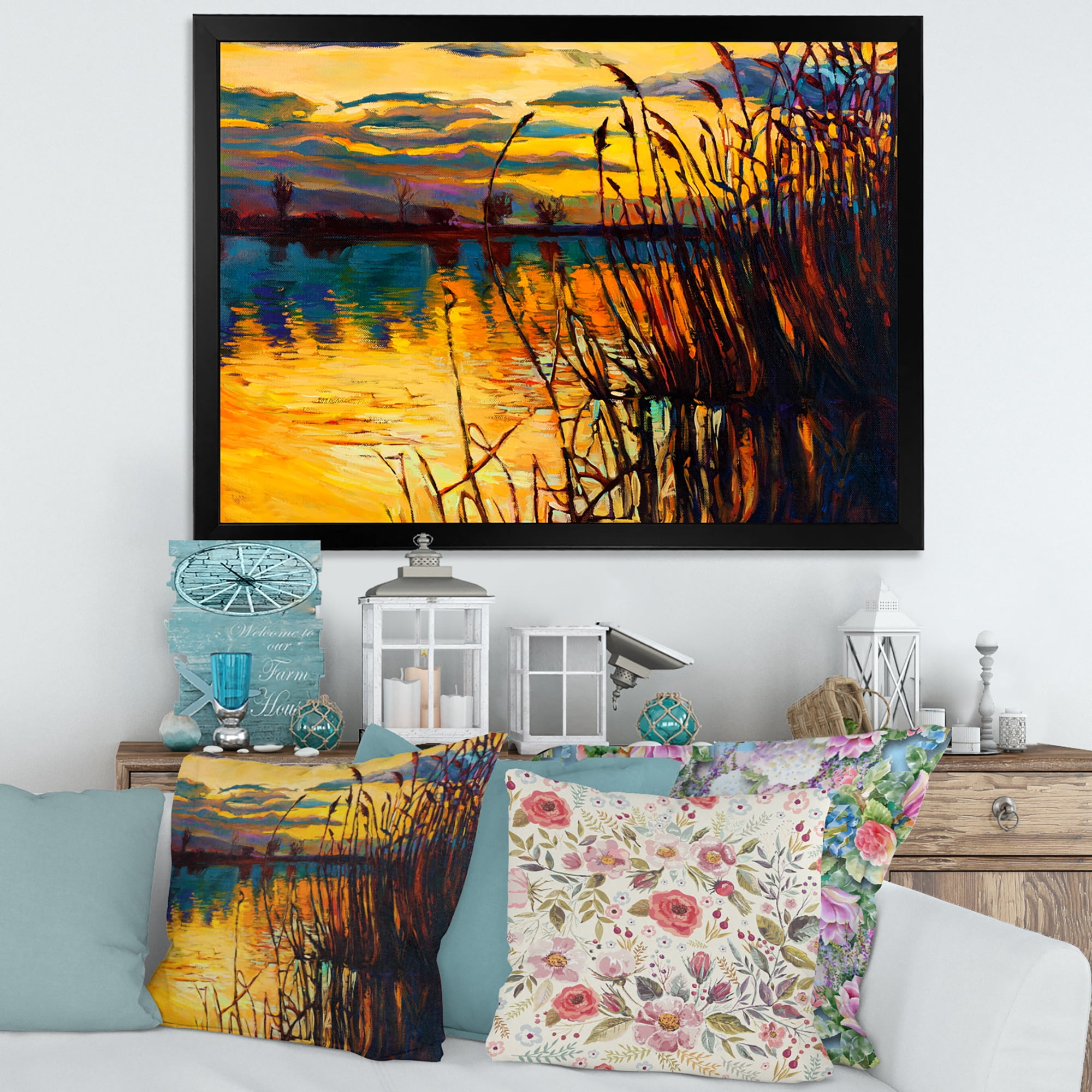 Designart 'Yellow Evening Glow Through The High Grass By The Lake' Nautical & Coastal Framed Art Print