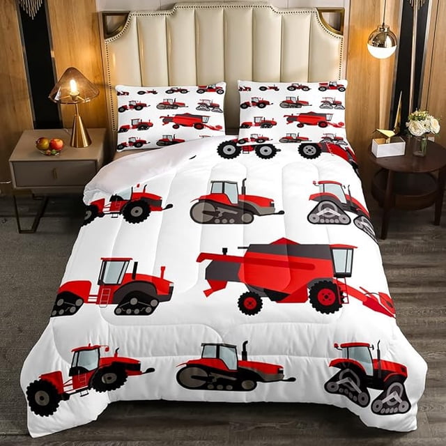 Erosebridal Red Tractor Comforter Set Queen Size Heavy Equipment Bedding Set