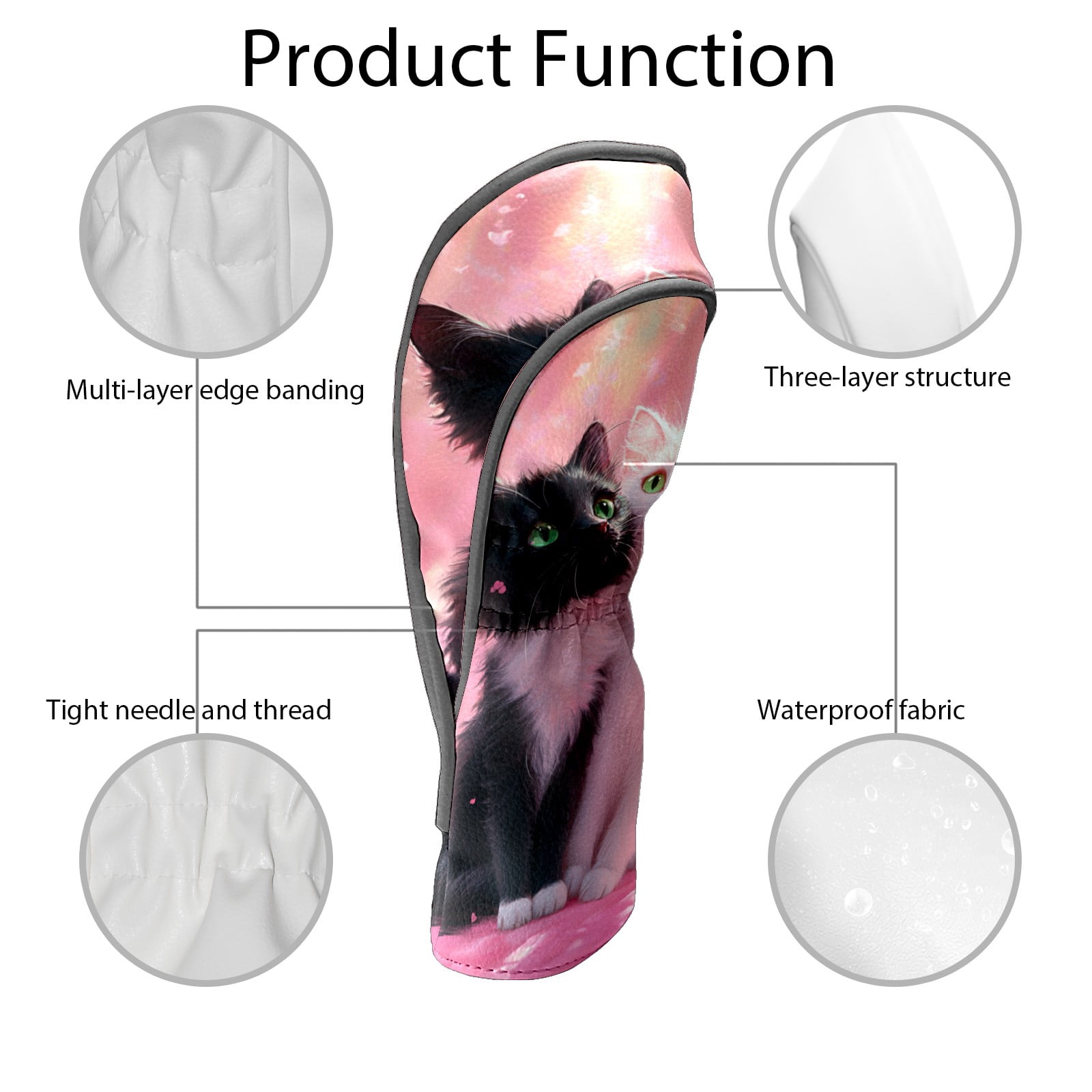 Golf Club Covers PU Leather Waterproof Head Covers for Fairway Woods Hybrids Black and White Cat
