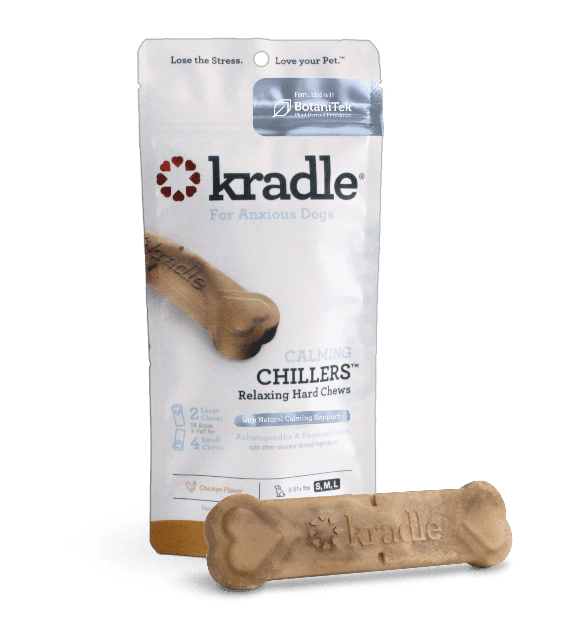 Kradle Calming Chillers, Relaxing Hard Dog Chews, Chicken Flavor, 2 Dry Chews, 4 oz Bag