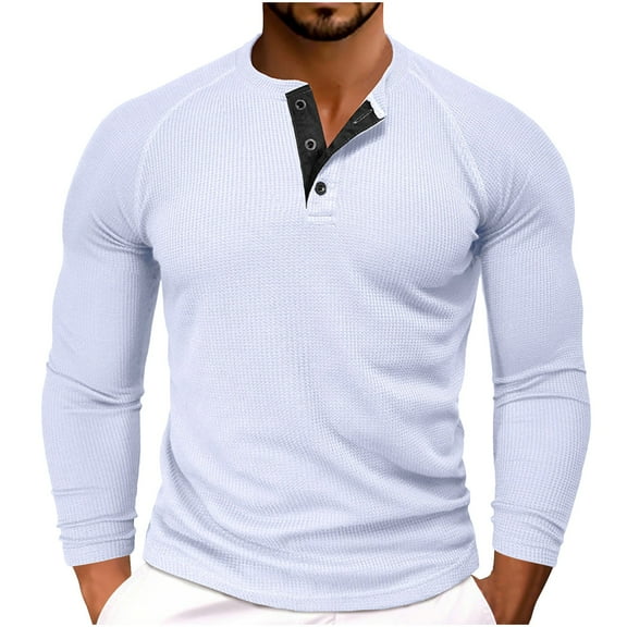 FAIWAD Men Solid Color Long Sleeve Shirts Slim Stretch Button Crew Neck T-Shirt Sports Workout Lightweight Tops