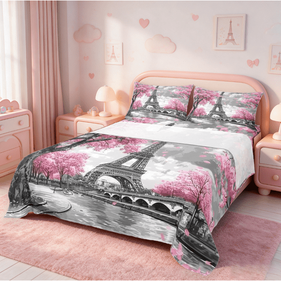 Homewish Pink Cherry Blossom Twin Sheet Sets,Paris Eiffel Tower Twin Fitted Sheet,Chhic Classic Architecture Flat Sheet For Adults,Super Cozy Room Decor,3-Piece