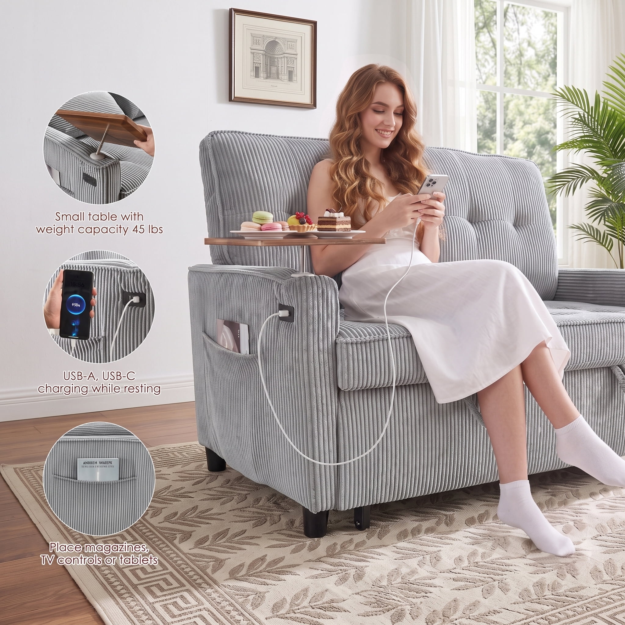 avobird 54'' 3 in 1 Pull Out Sofa Bed, Convertible Couch with Adjustable Backrest/Side Pockets/USB Charging Ports, Sleeper Sofa with small table for Living Room, Light Gray