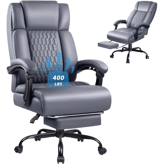 LEMBERI 400lbs Executive Office Chair with Foot Rest, Heavy Duty Big and Tall Desk Chair, Ergonomic High Back PU Leather Computer Chairs (Grey)