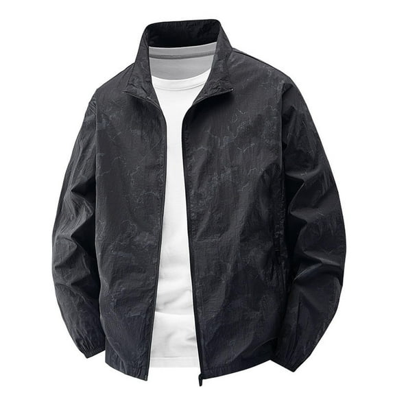 LNWUY (M-5XL) Big and Tall Men's Fashion Solid Color Outdoor Pocket Zipper Long Sleeve Jacket Sunscreen Standing Collar Coat Black XXXL