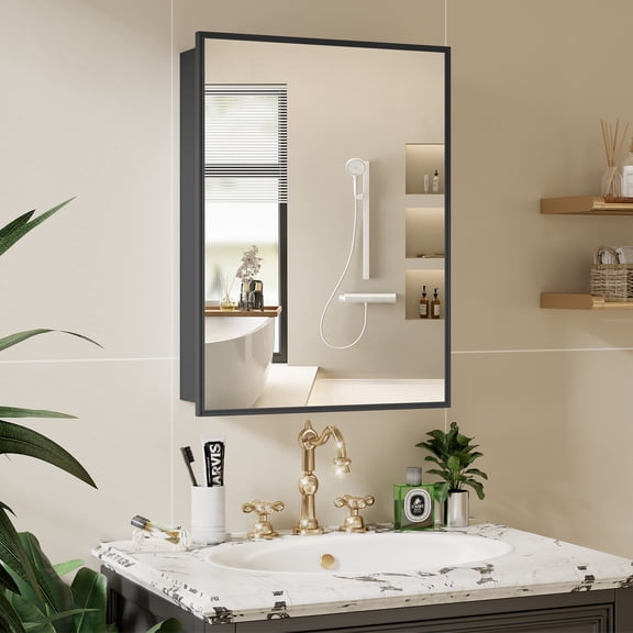 Jarbalai Medicine Cabinet, Wall Mount Storage Mirror Cabinet Organizer with 2 Shelves, Aluminum Storage Cabinets for Bathroom, Black