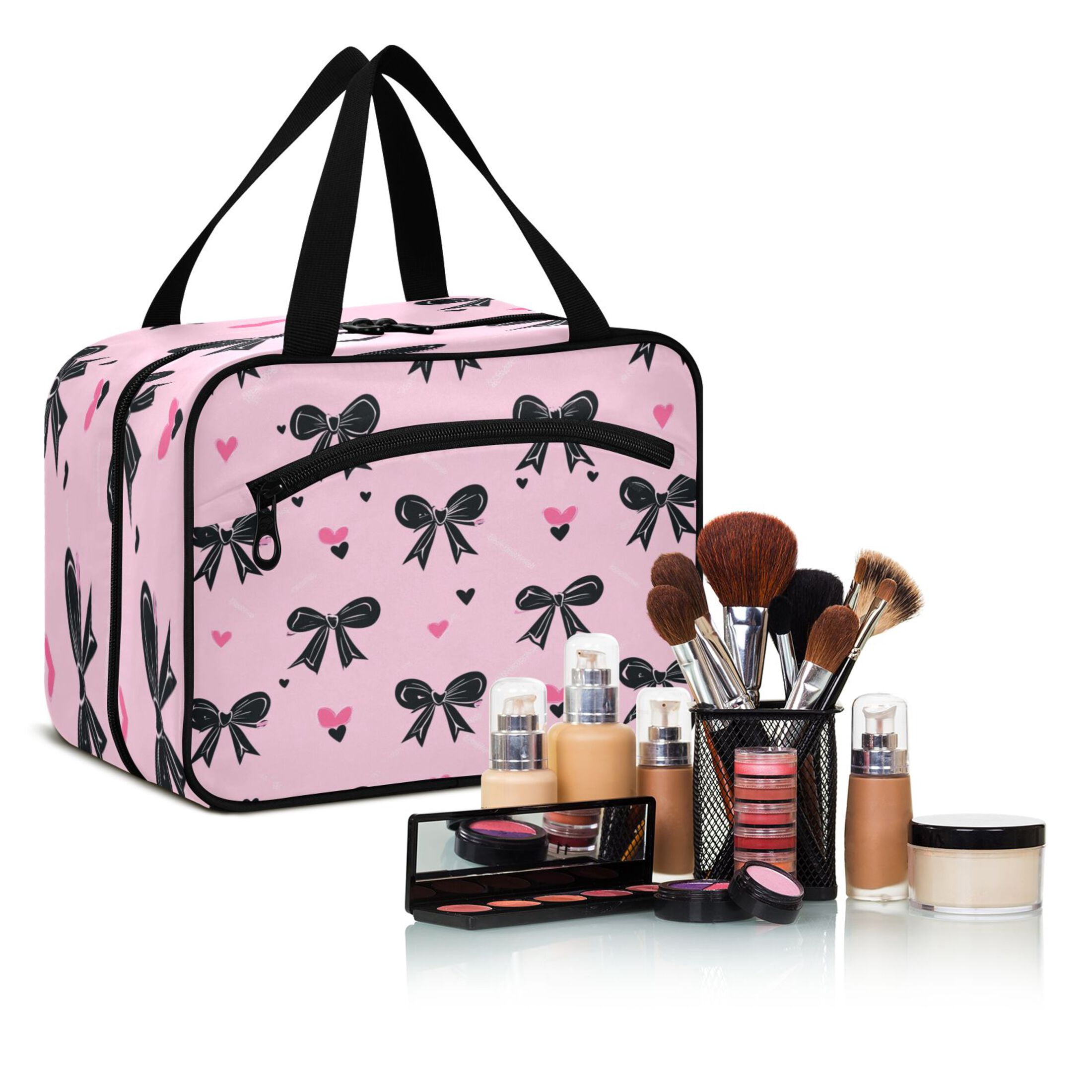Travel Toiletry Bag with Metal Hook Large Capacity Cosmetic Bag Toiletry Bags for Travel, Gym, Camping Black Bows