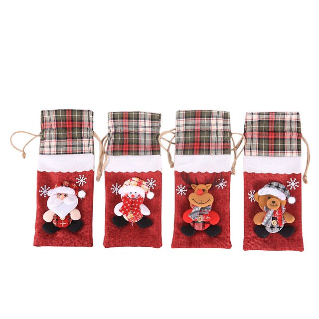 4 Piezas Fundas para Botellas de Vino con Cordón a Cuadros Bolsas para Botellas de Papá Noel de Arpillera Bolsas para Botellas con Cordón de Reno Fundas para Botellas de Vino a Cuadros Navideños con Piel Sintética para Decoración de Fiesta de Navidad oso de fresa Electrónica