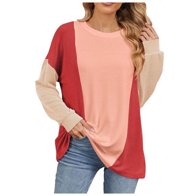 HUITKMM Tshirts 2024 Autumn and Winter Color Contrast Long Sleeve Loose Thread Stitching T Shirt
