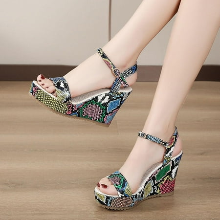 

EQWLJWE Beach Sandals for Women Peep toe Snakeskin Print Wedge Sandals with Heels Sandals Women Dressy Summer Heel