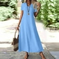 thumbnail image 2 of Evdexr Women's Linen Dresses Cotton Maxi Dresses Short Sleeve V Neck Solid Colour Flowy A-Line Dress Plus Size Tunic Baggy Casual Shirt Dress with Pockets Blue 2XL, 2 of 7
