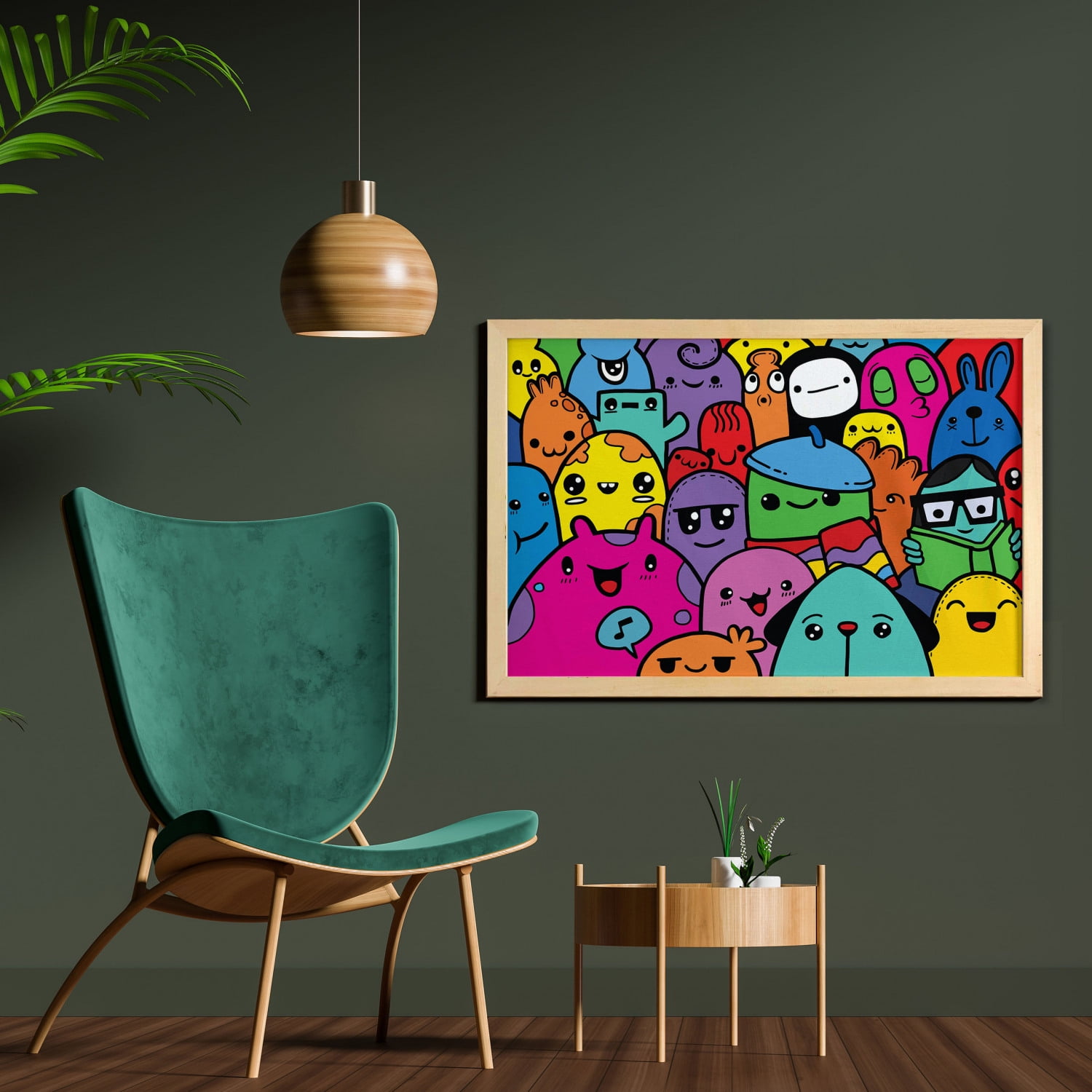 Indie Wall Art with Frame, Hand Drawn Colorful Doodle of Funny