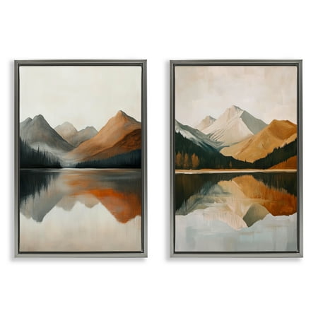 Stupell Industries Terracotta Reflections Mountains and Lake 2 Piece Gray Framed Floater Canvas Set, design by Petal Prints Design