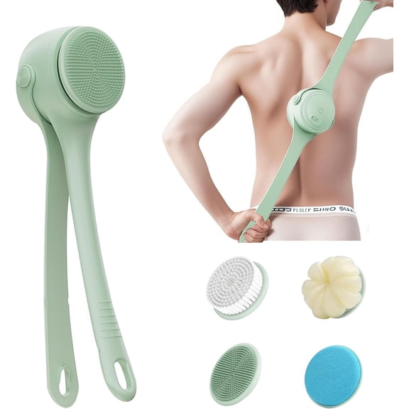 4-in-1 Electric Body Brush for Shower, Detachable Back Scrubber with Long Single and Dual Handle, 2-Speed Rotating Waterproof Bath Brush for Exfoliating and Massaging(Green)