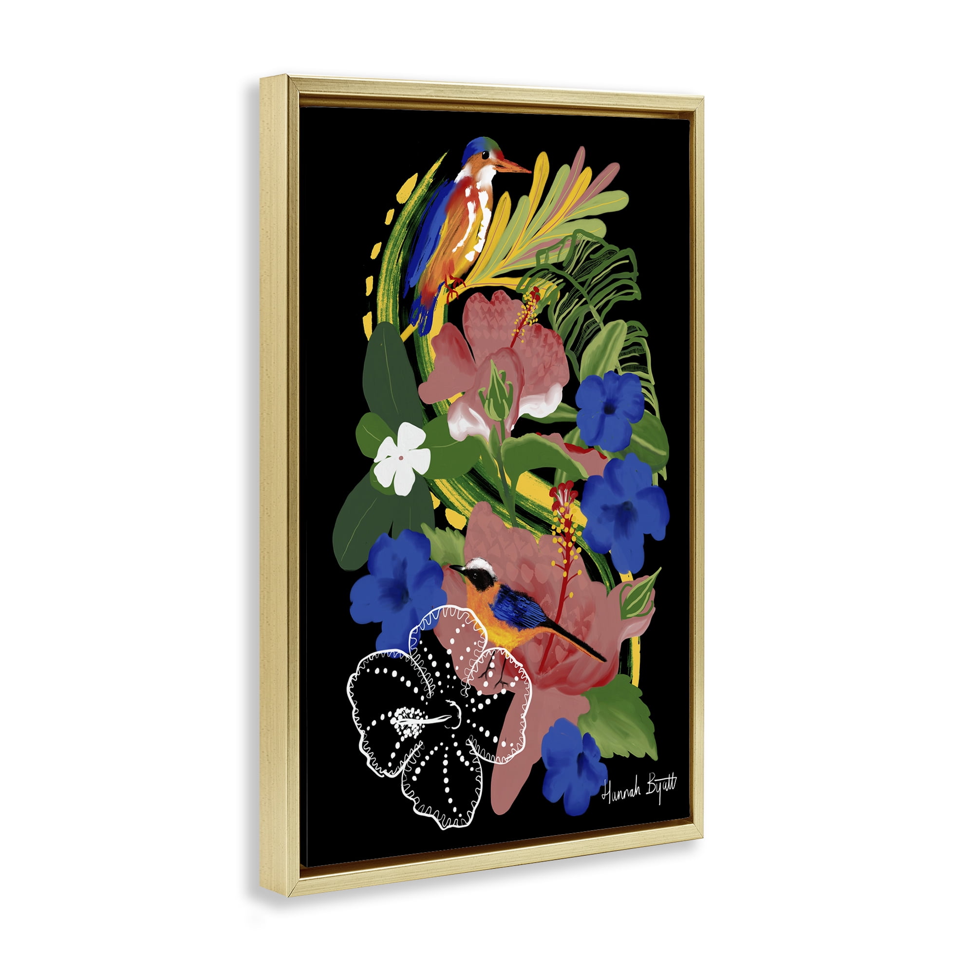 Stupell Industries Tropical Gambia Style Florals Animals Painting Gold Floater Framed Canvas Art Print Wall Art, 21 x 31