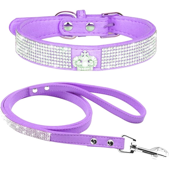 Mumup Cute Dazzling Sparkling Elegant Fancy Soft Suede Leather Bling Rhinestone Crystal Jeweled Pet Cat Dog Puppy Collar Dog Leash Combo Set