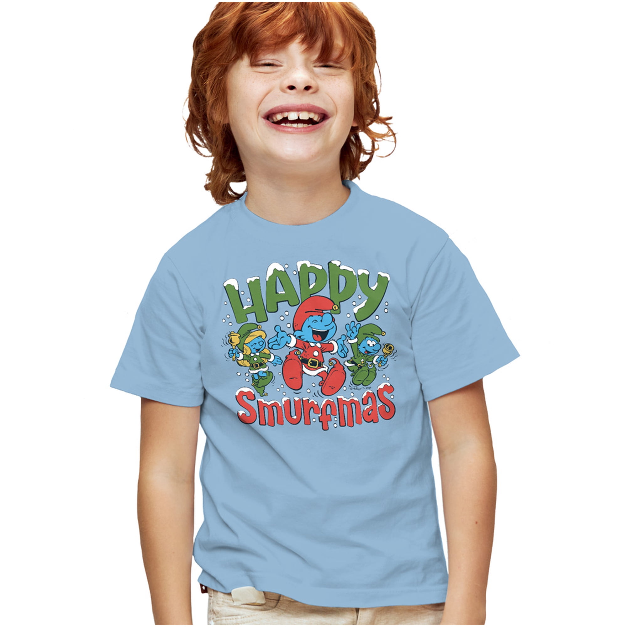 Smurfs Christmas, Happy Smurfmas Kids T Shirt for Youth Boys and Girls, Light Blue, X-Small