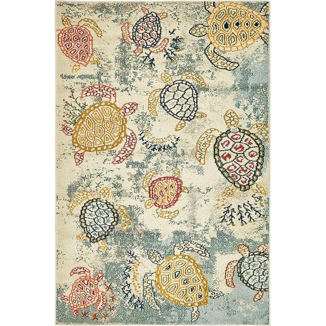 Unique Loom Positano Collection Coastal Modern Turtles Area Rug, 4' 0 x 6' 0, Beige/Blue