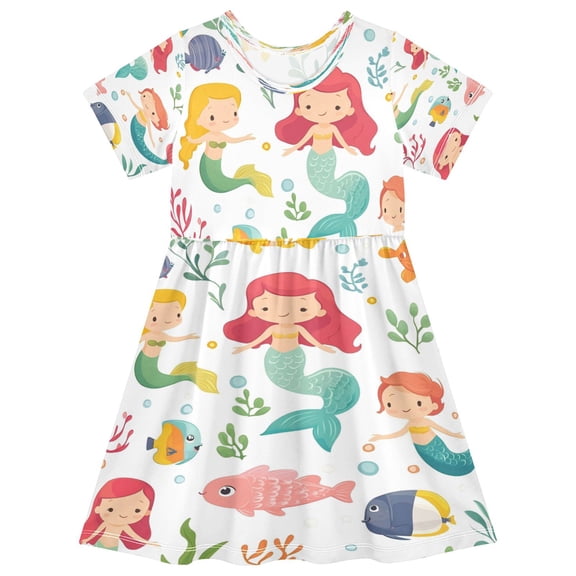 Girls Short Sleeve A-Line Dress Colorful Mermaids Play Dress Sizes 2T