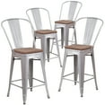 thumbnail image 2 of Flash Furniture 4 Pack 24" High Silver Metal Counter Height Stool with Back and Wood Seat, 2 of 13