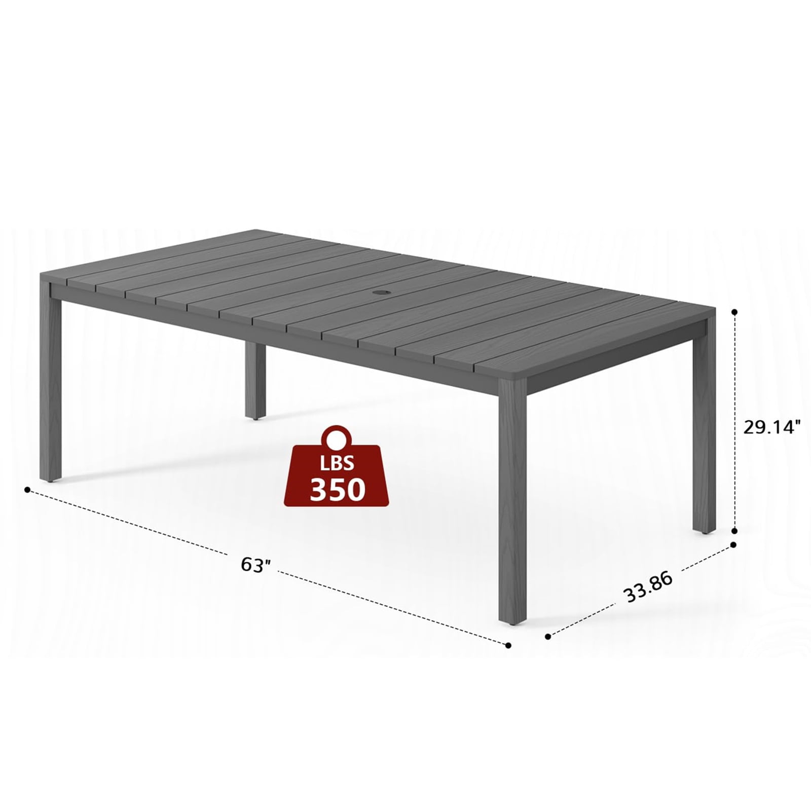 STOOG Patio Dining Table for 6 Person with Umbrella Hole, 63" All-Weather Outdoor Dining Table for Garden, Backyard, Poolside, Gray