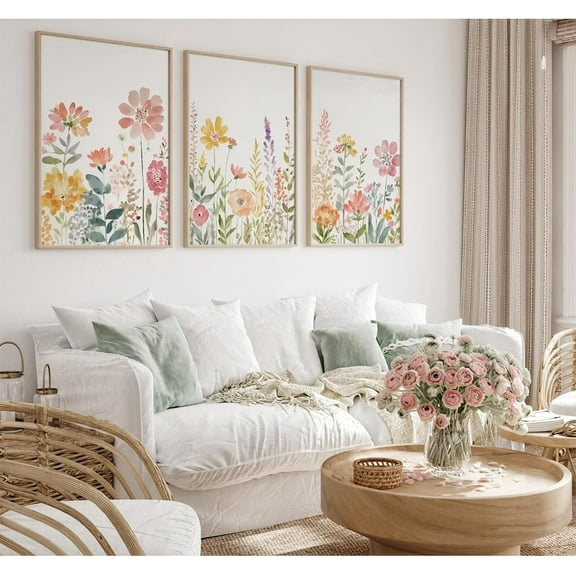 Watercolor Wildflower Wall Art Decor Colorful Flower Pictures Canvas Floral Botanical Wall Art Painting Artwork for Living Room Bedroom With Inner Frame