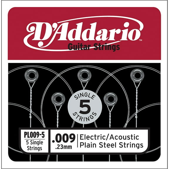 D'Addario PL009-5 Plain Steel Guitar Single String, .009, 5-pack