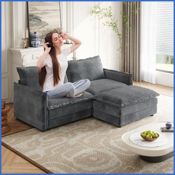 Modern Corduroy 2-Seat L-Shaped Loveseat with Ottoman - Plush Living Room Sofa with Flexible Design