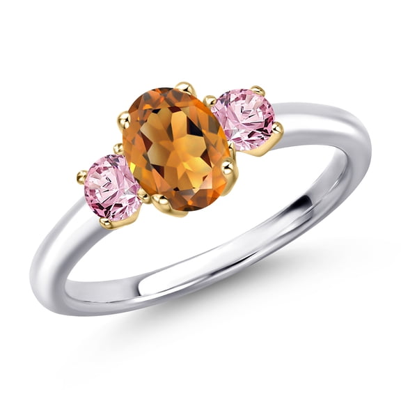 Gem Stone King 10K Two Tone Gold Orange Red Madeira Citrine and Pink Lab Grown Diamond Engagement Ring for Women | 1.06 Cttw | Oval 7X5MM | Gemstone November Birthstone | Size 5