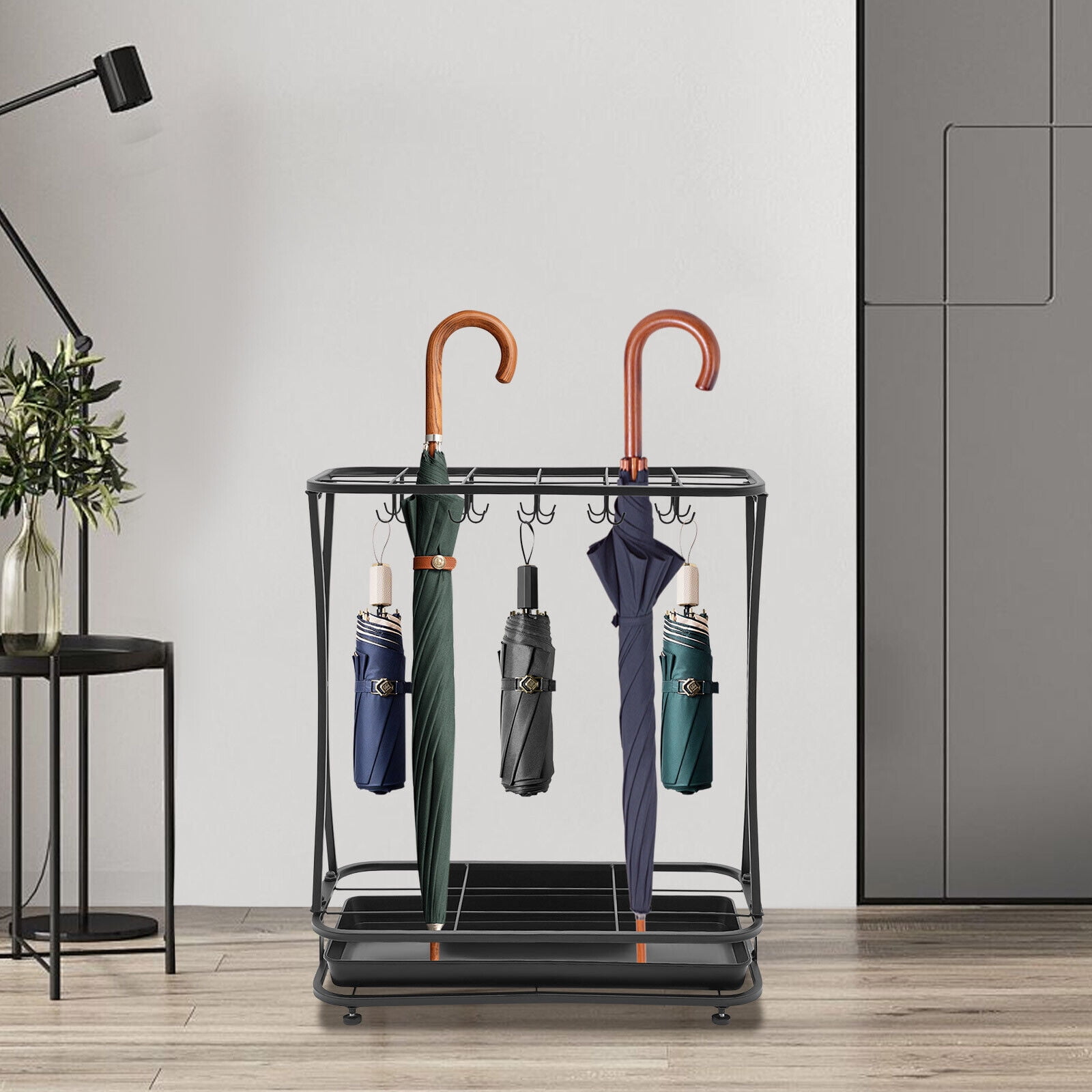 Metal Umbrella Holder Stand Rack Organizer + Drip Tray (18 Slots 20 Hooks) Black