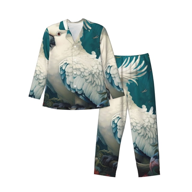 Fotbe Tropical Parrot Floral Artwork Pijama de Hombre con Estampado de Manga Larga, Conjunto de 2 Piezas, Ropa de Dormir Suave y Cómoda con Bolsillos-Small