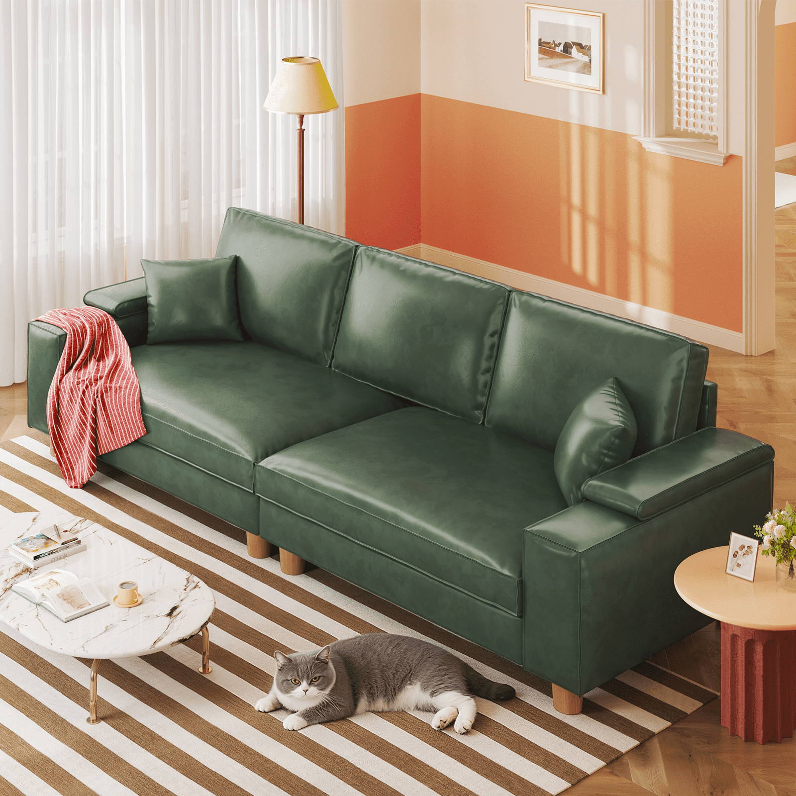 101" Large PU Leather Sofa Couch, Spring Cushion Modern Couch with 24" Extra Deep Seat, Wide Storage Armchair, Comfy Upholstered Oversized Loveseat (Includes 2 Pillows) for Living Room, Office, Green