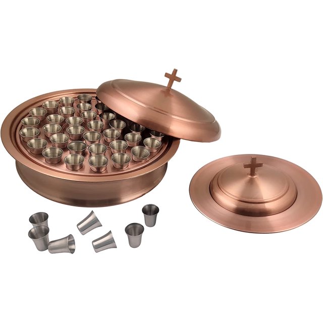Mayur Export Stainless Steel Communion Ware Holy Wine Serving Tray With A Lid & A Stacking Bread Plate With A Lid + 40 Cups - (Copper)