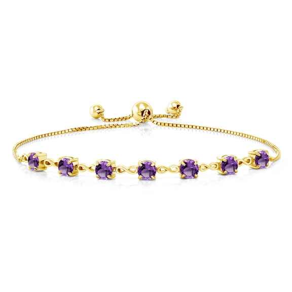 Gem Stone King 18K Yellow Gold Plated Silver Purple Amethyst Infinity Tennis Bracelet for Women (2.31 Cttw, Gemstone February Birthstone, Round 4.5MM, Fully Adjustable up to 9 inch)