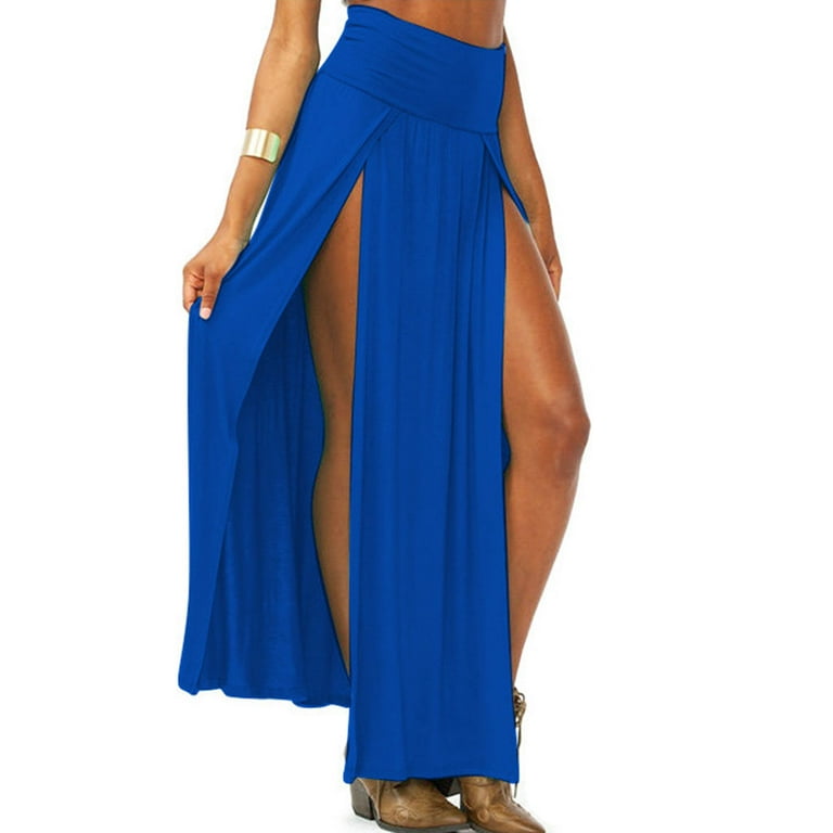 【WOOHWA】SHIRRING SLIT LONG SK Womens High Waist Sexy Double Slit Front Open Knit Maxi Long