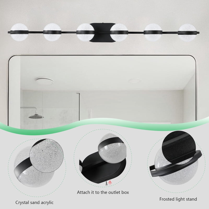 43" Black 6-Light LED Bathroom Vanity Light Fixture, Modern Wall Mounted Lighting with Crystal Sand Acrylic Shades, Bathroom Lighting Fixtures Over Mirror, Vanity Lights for Bathroom