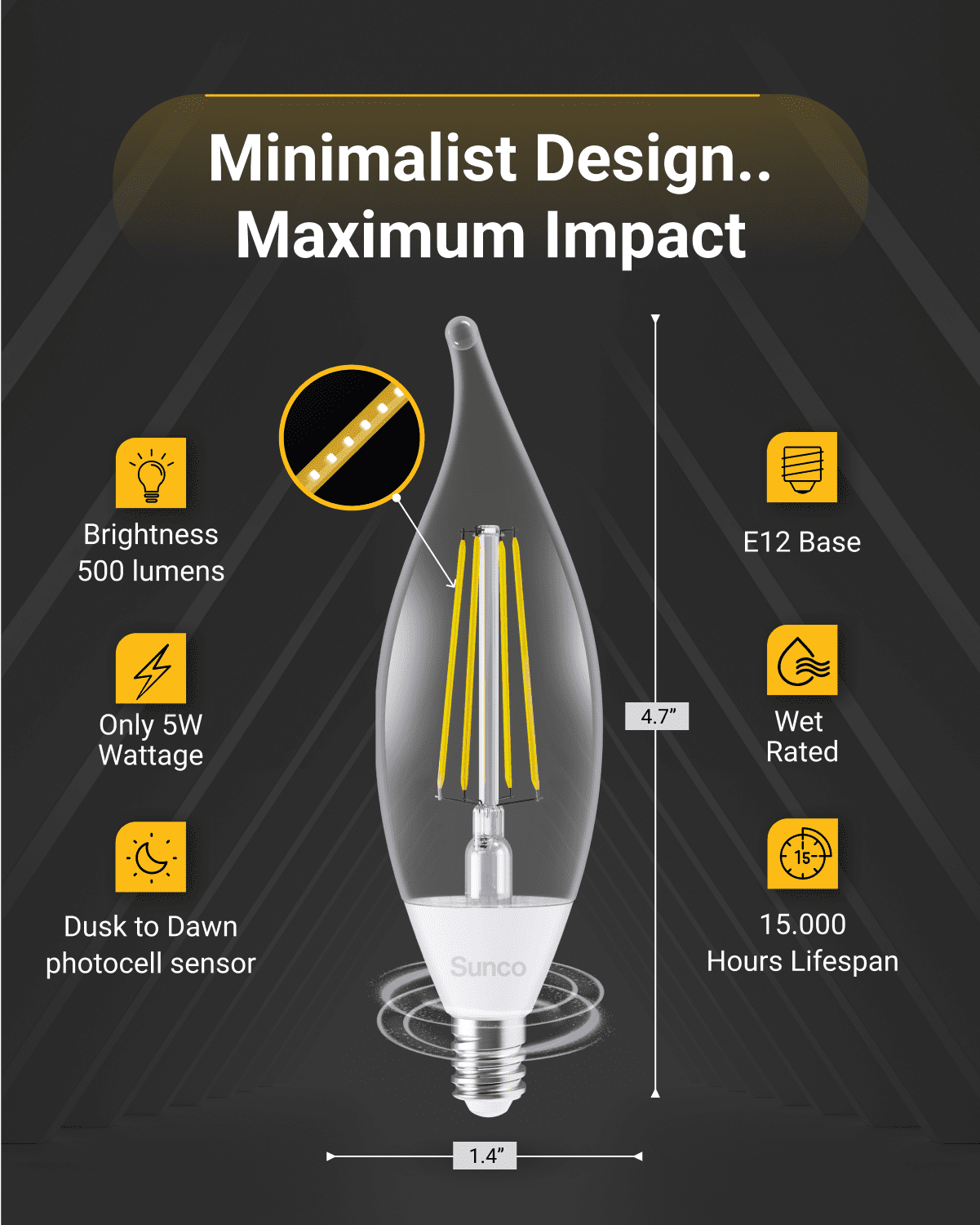 Sunco 10 Pack Dusk to Dawn Candelabra CA11 LED Light Bulb Outdoor, 5W Equivalent 40W, CRI90 3000K Warm White, Candle Flame Tip, Photocell Sensor, Decorative Filament, 500 Lumens, E12 Base UL