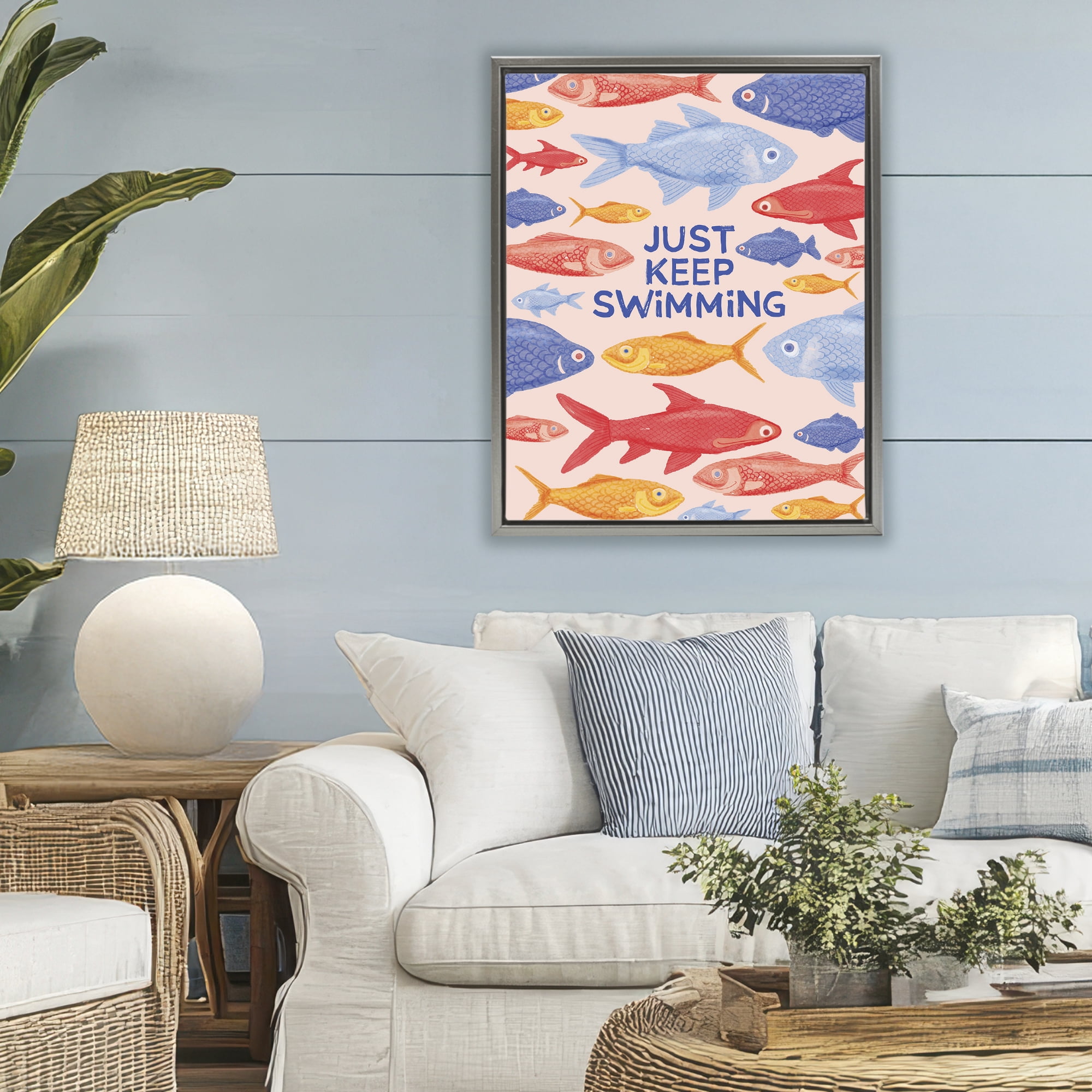 Stupell Industries Just Keep Swimming Fish Gray Framed Floater Canvas Wall Art, design by The Paper Curator