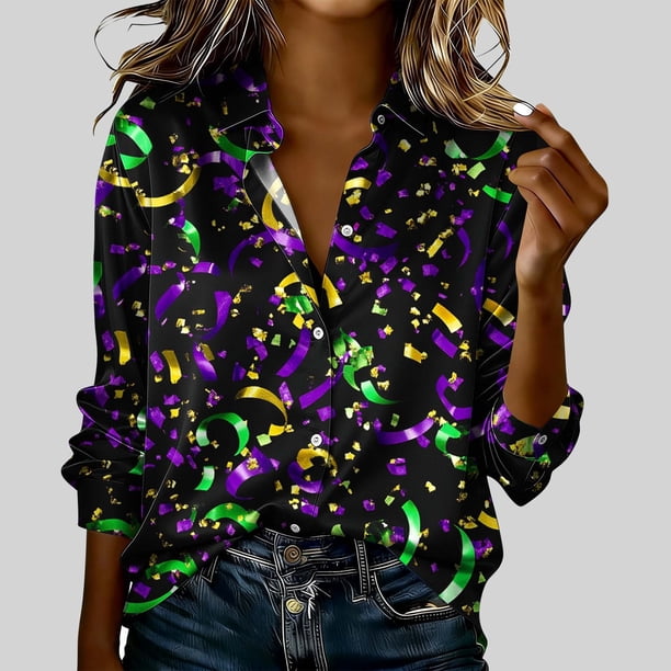TaTaai Ladies Long Sleeve Carnival Top Round Neck Casual Polyester Shirt Lightweight Printed Festival Wear Size Up Recommended Gift