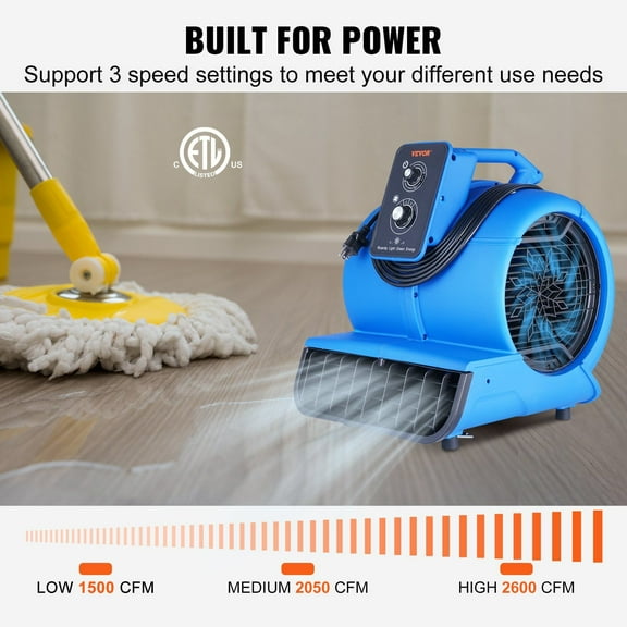 Portable 2600 CFM Air Mover Fan, 1/2 HP Carpet Dryer with Timer, 4-Way Tilt for Janitorial, Home, Industrial - ETL Certified