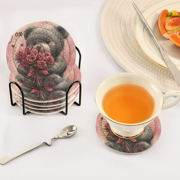 BZSMCE 6Pcs Drink Coasters With Holder 3.94Inch Bear Holding Rose Creative Coil Coaster Coasters Colors Absorbent Coasters for Drinks Coasters Set Thicken Heat for Home Table