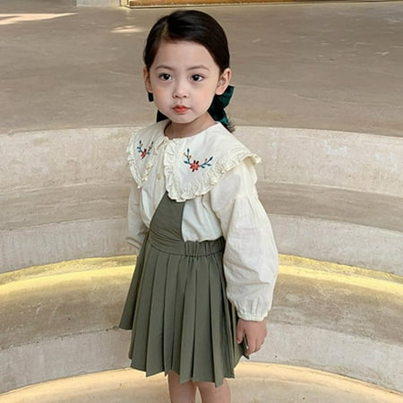 

Girls Autumn Pring Dress Embroidered Doll Collar Blouse +Suspender Pleated Skirt Kids Sets Children Clothes for Girls Dress